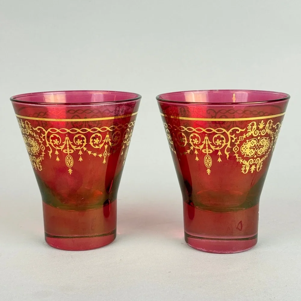 Timon Collezione Ruby Red Glass Tumblers Gold Gilt Floral Scroll Set of 2
